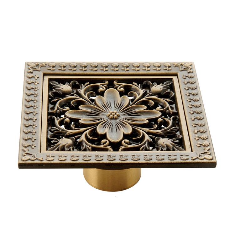12cm*12cm Square Antique Brass Floor Drain Bathroom Accessory Square Floor Drain (as the picture,Brass)