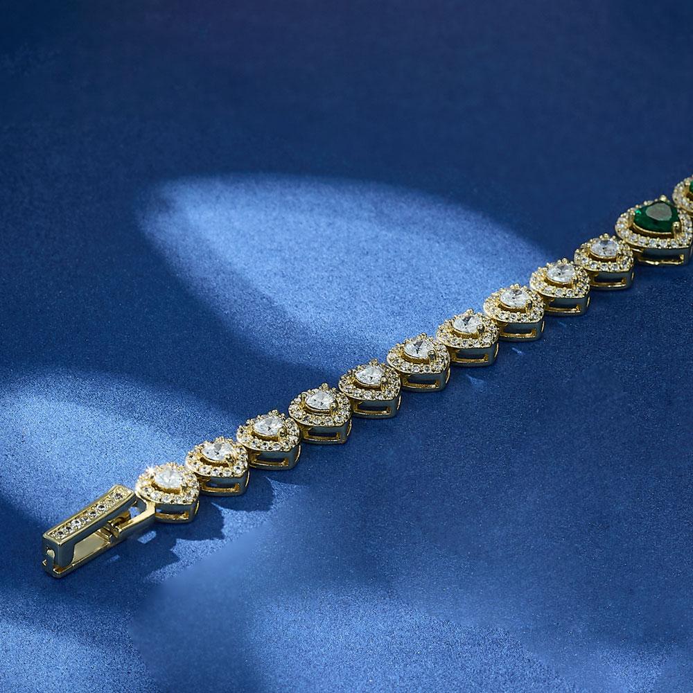 Green White Heart Zircon 14K Gold Plated Stunning Copper Tennis Bracelet