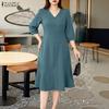 Women Casual V-Neck Solid Color Short Sleeve A-line Dress