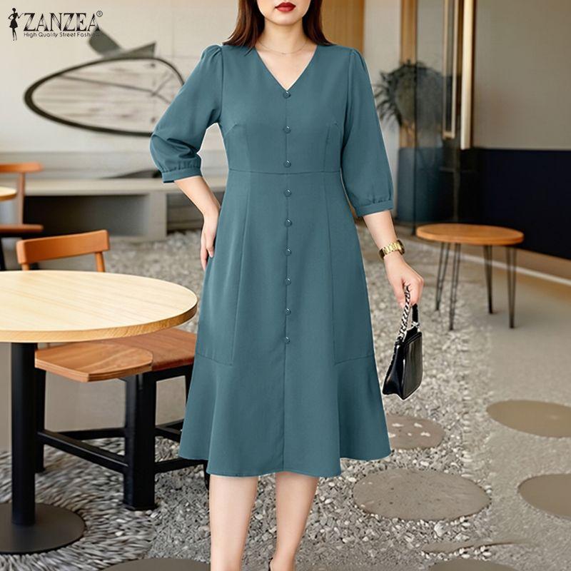 ZANZEA Women Casual V-Neck Solid Color Short Sleeve A-line Dress
