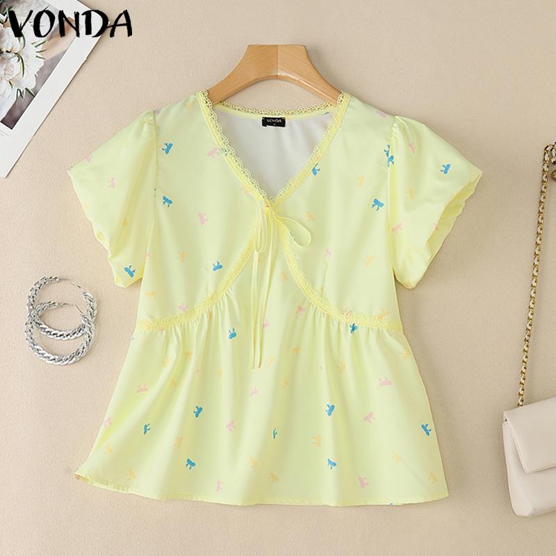 

VONDA Женская блузка с V-образным вырезом, короткими рукавами-буфами, вставками и цветочным принтом, повседневный топ 3XL жёлтый