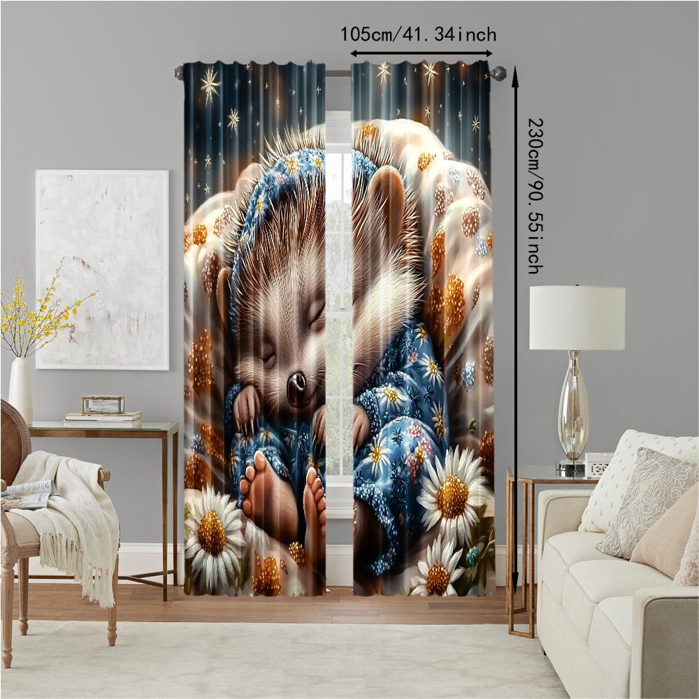 2 pcs, versatile polyester transparent curtains for home decoration Sleeping Hedgehog for use in bedrooms and living rooms