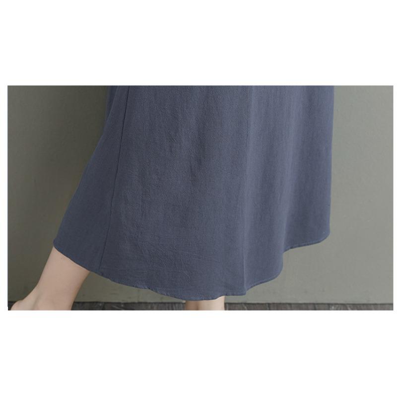 Summer Solid Color Cotton Linen Lapel Short Sleeved Loose Dress for Women Mid To Long Style Casual Dresses
