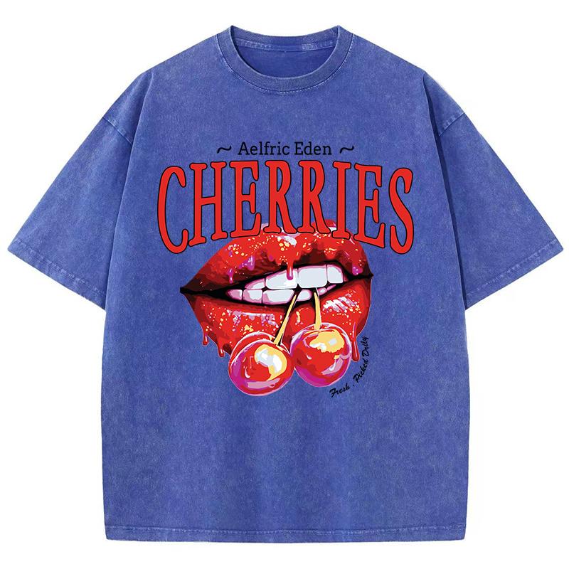 Casual Womens Acid Wash T-Shirts Cherries On The Lips Printing Tees Distressed Oversize Short Sleeve Trend Female Clothes