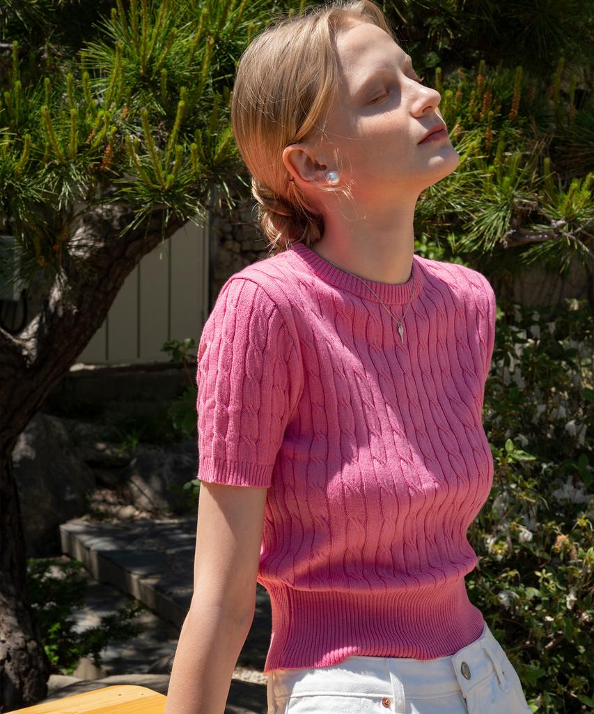 Siyajyu Sikn2029 Cotton Crop Cable Knit_Pink