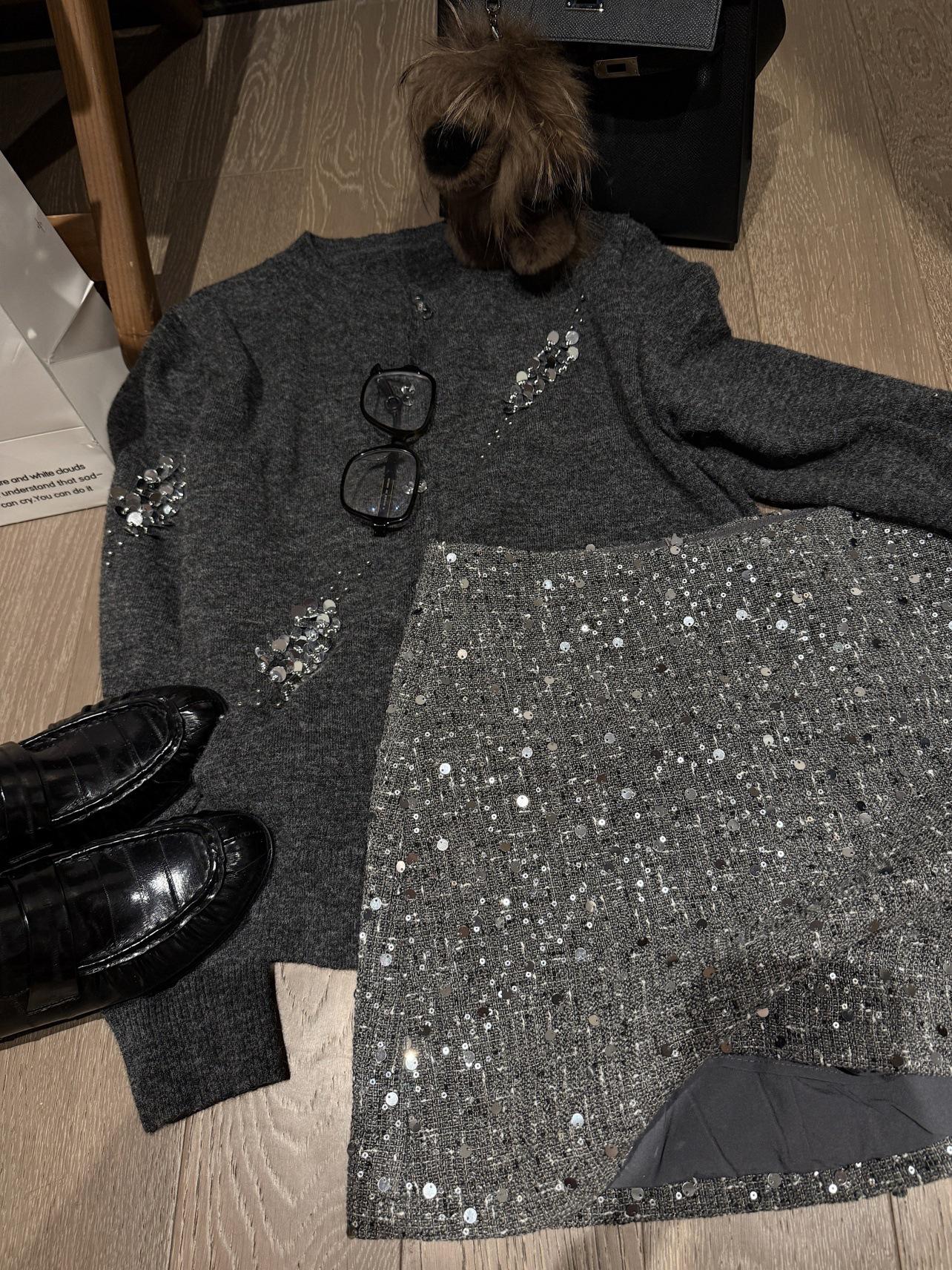 2026 Spring Sequin Bead-Embellished A-line High-Waisted Skirt – Elegant Slimming Retro Style Medium серый