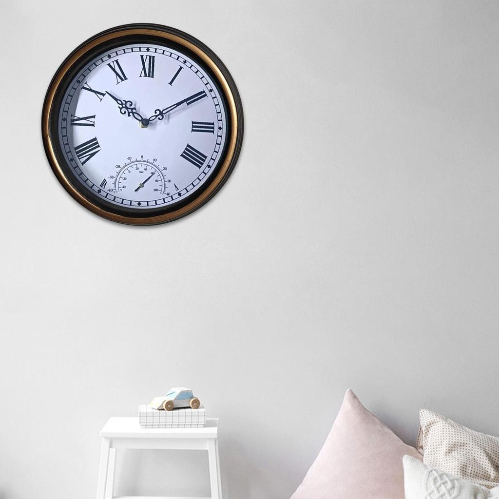 12in Outdoor Wall Clock with Thermometer Garden Waterproof Clock for Livingrooms Kitchen Office Bathroom Bedroom Decors