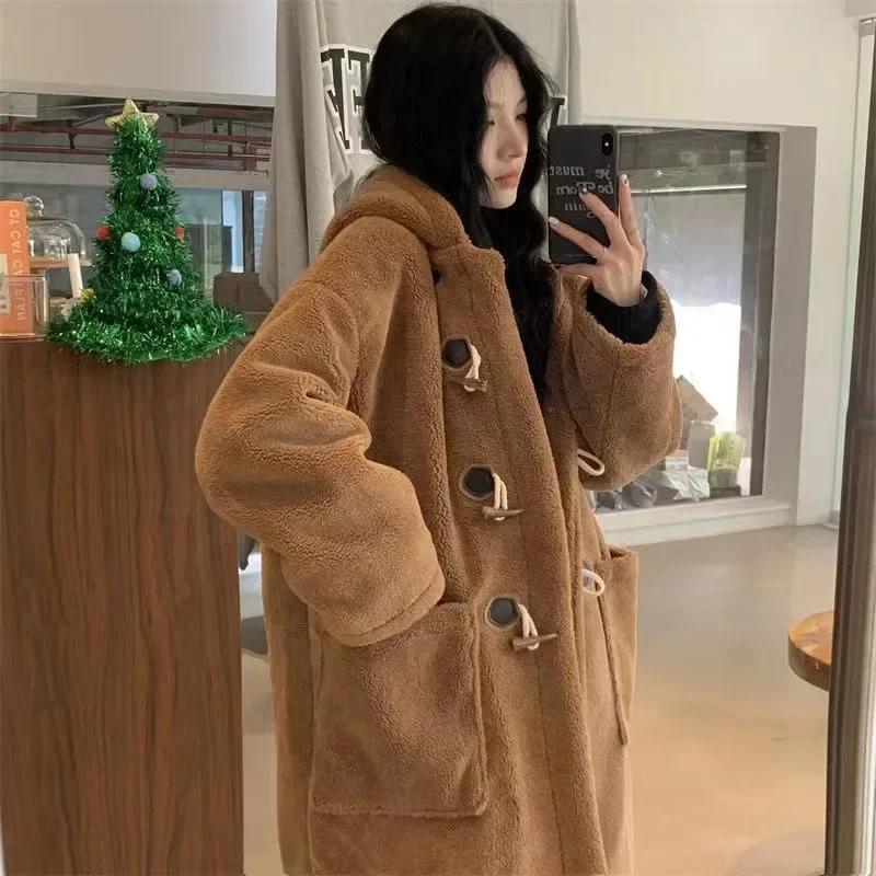 Mid Length Korean Thick Overcoat Cowhorn Button Loose Coat Winter Warm Female Fleece Hoodies Jacket Woman Lamb Wool Coats