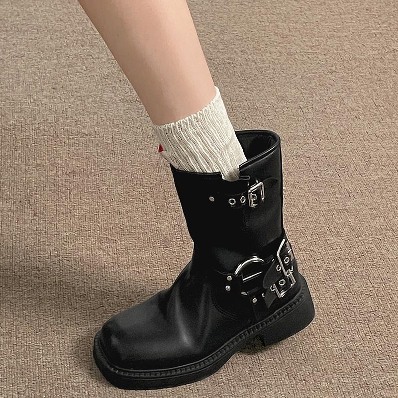 Fashion Vintage Women Western Cowboy Boots Fashion Belt Buckle Autumn Winter Shoes Female Slip On Low Heel Knight Booties