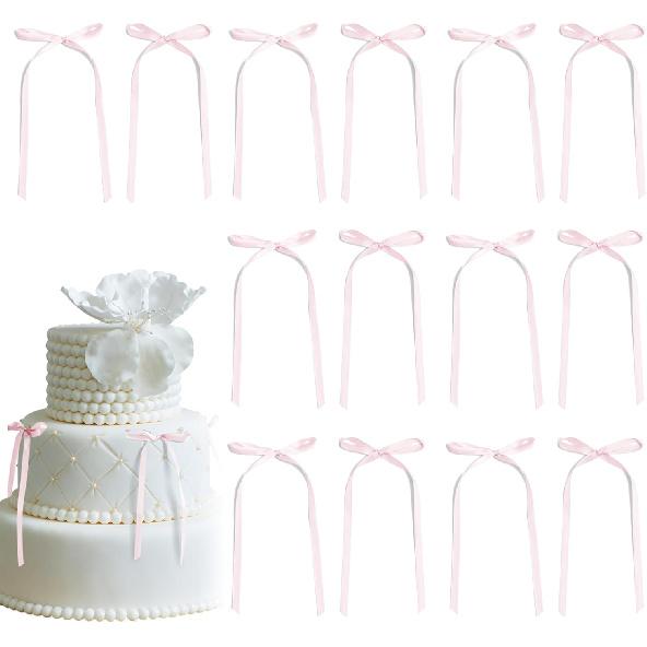 30 Pack Pink Ribbon Bow Cake Toppers Birthday Decorations Coquette Bow Cupcake Toppers for Cake Dessert Wedding Bridal Balloon Wall Party Supplies