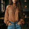 Skin Friendly Shirts Women Fall Cold Shoulder Shirt, Vintage Ethnic Print High Collar Blouse, Casual Ruffle Lantern Sleeve Top Ladies