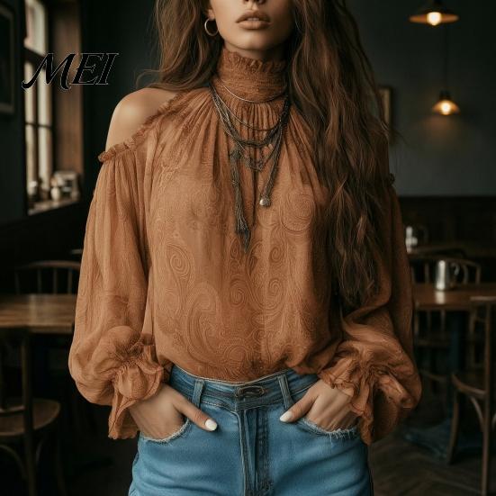 Skin Friendly Shirts Women Fall Cold Shoulder Shirt, Vintage Ethnic Print High Collar Blouse, Casual Ruffle Lantern Sleeve Top Ladies