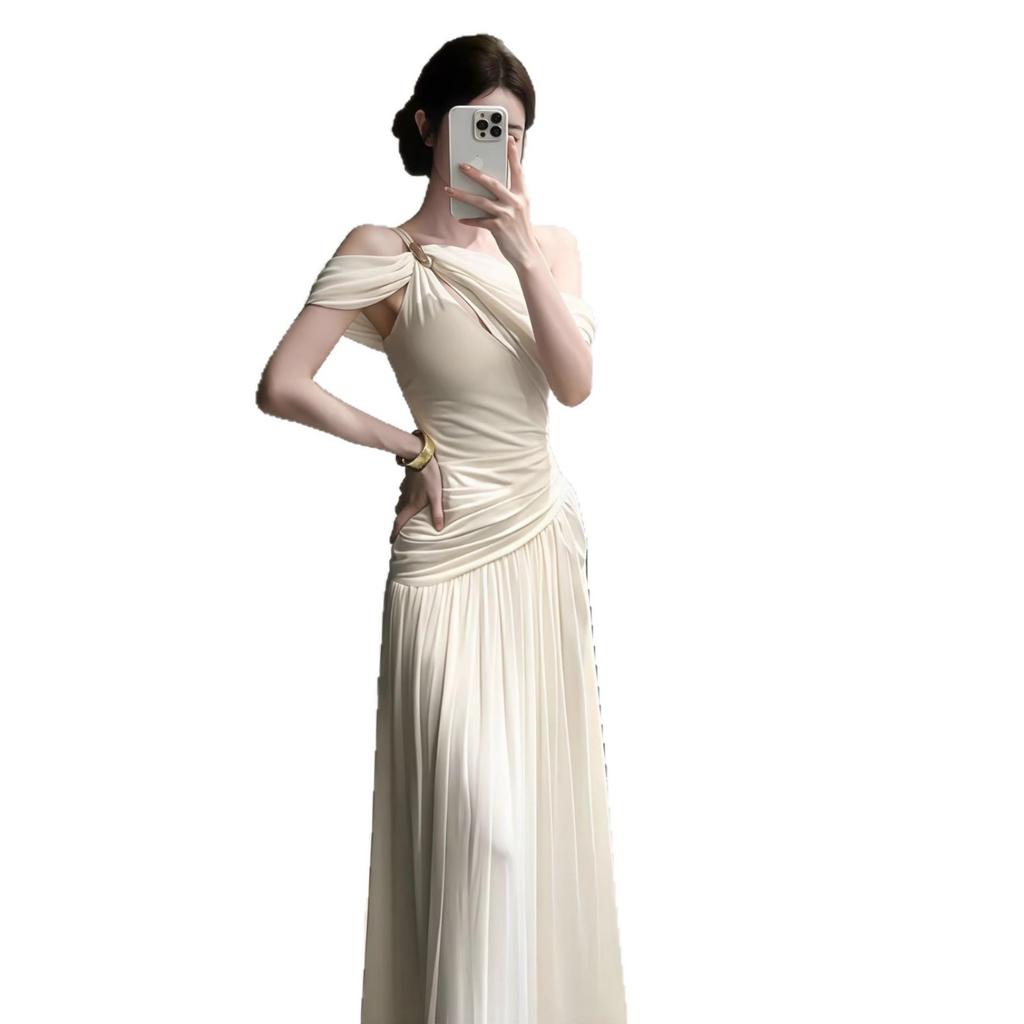 Light Luxury, Cold and Elegant French Atmosphere, Slanted Shoulder Mesh Stitching Kink Design Long Dress, Sexy Pure Desire Dress