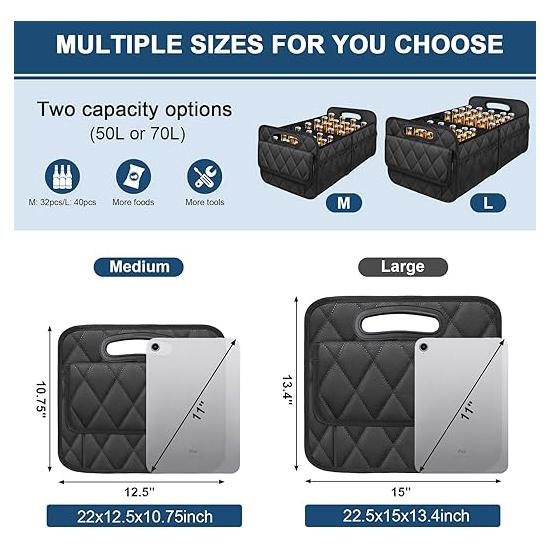 Car trunk storage bag, suitable for SUV, car storage box, 6 pockets, 50LW waterproof polyester trunk storage bag, black