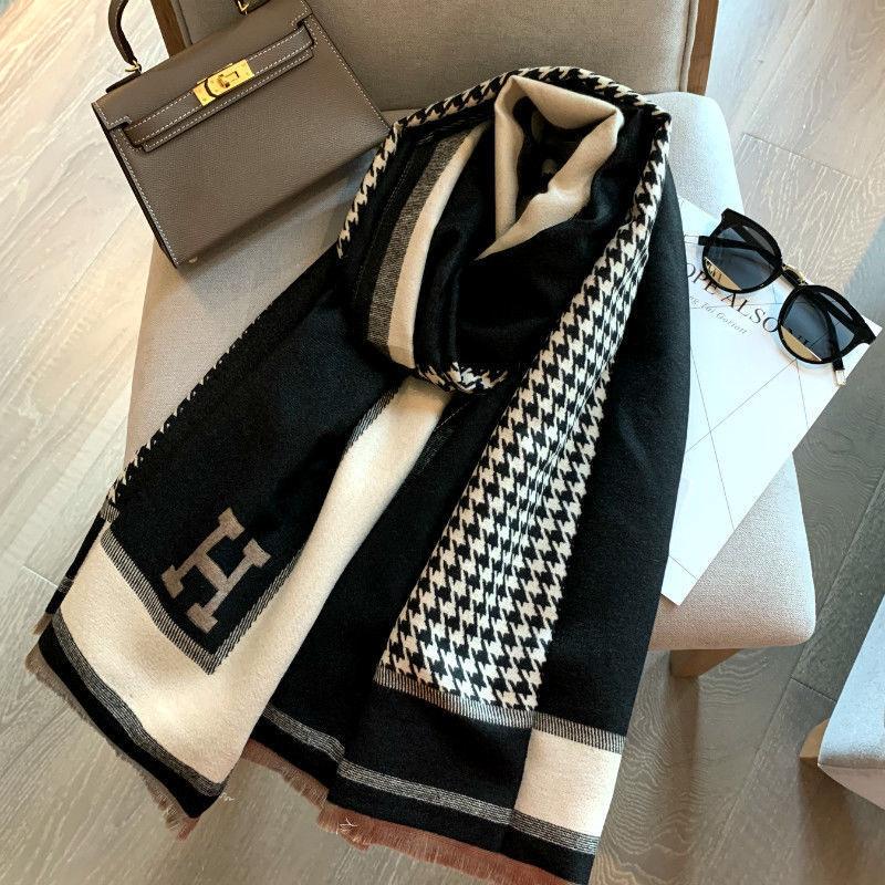 New Chidori Letter Jacquard Scarf Women's Winter Korean Style White Collar Versatile Thickened Scarf Imitation Cashmere Warm Shawl