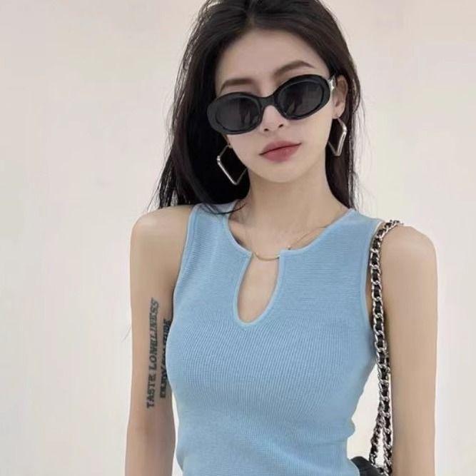 

Women s Summer Waffle Texture Temperament Sleeveless Top V-neck Lining Shirt American Style Slim Fit Knit Vest S синій