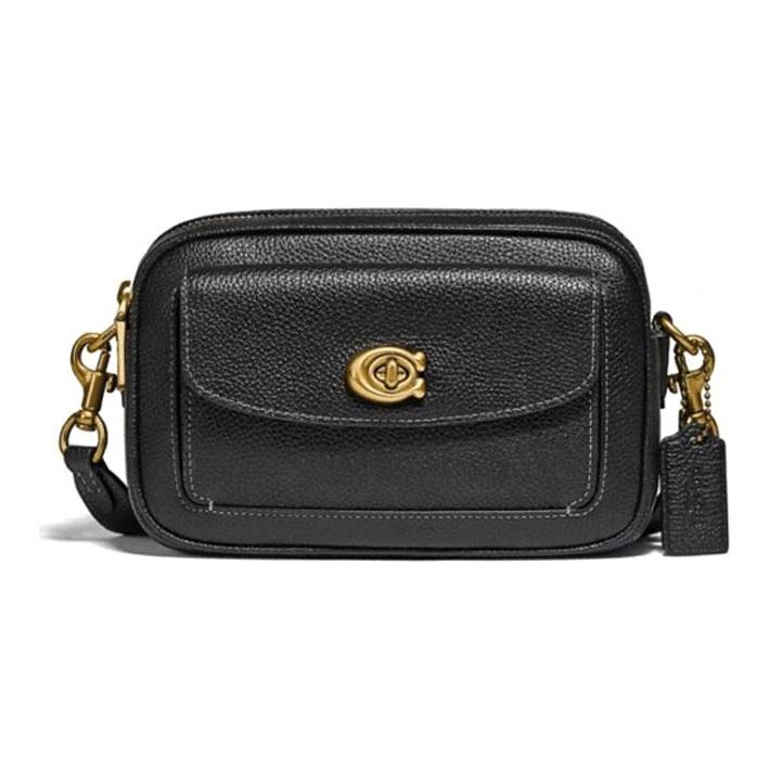 Coach Women's Black Willow 20 Solid Color Zipper Closure Pebbled Leather Camera Bag Shoulder Bag C0823-B4bk