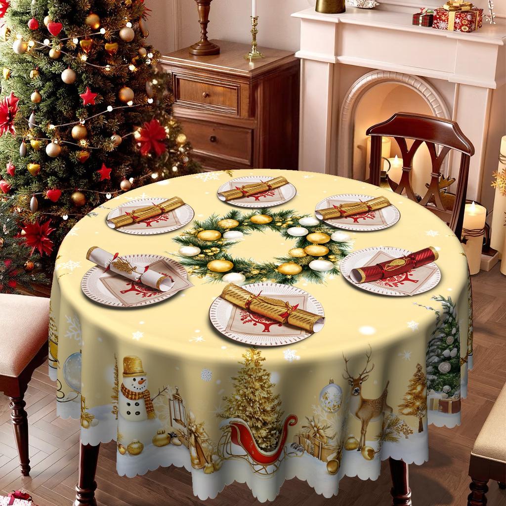 Christmas Tablecloth Waterproof, Round Tablecloth, Snowflake, Antler Decorative Tablecloth