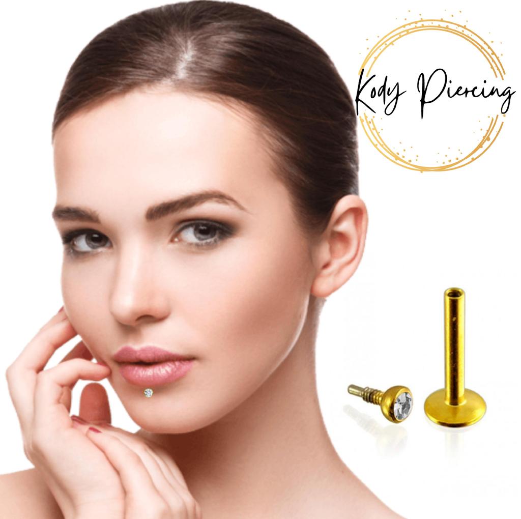 KODY PIERCING Piercing Labret Crystal Gold Eloxovaná tyč 10mm - Kvalitní Piercing