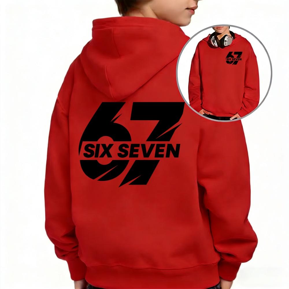 Sweat à capuche tendance pour enfants, Sweatshirt graphique avec numéro SIX SEVEN 67 au dos, Haut à manches longues Automne Hiver pour enfants, Tenue décontractée quotidienne
