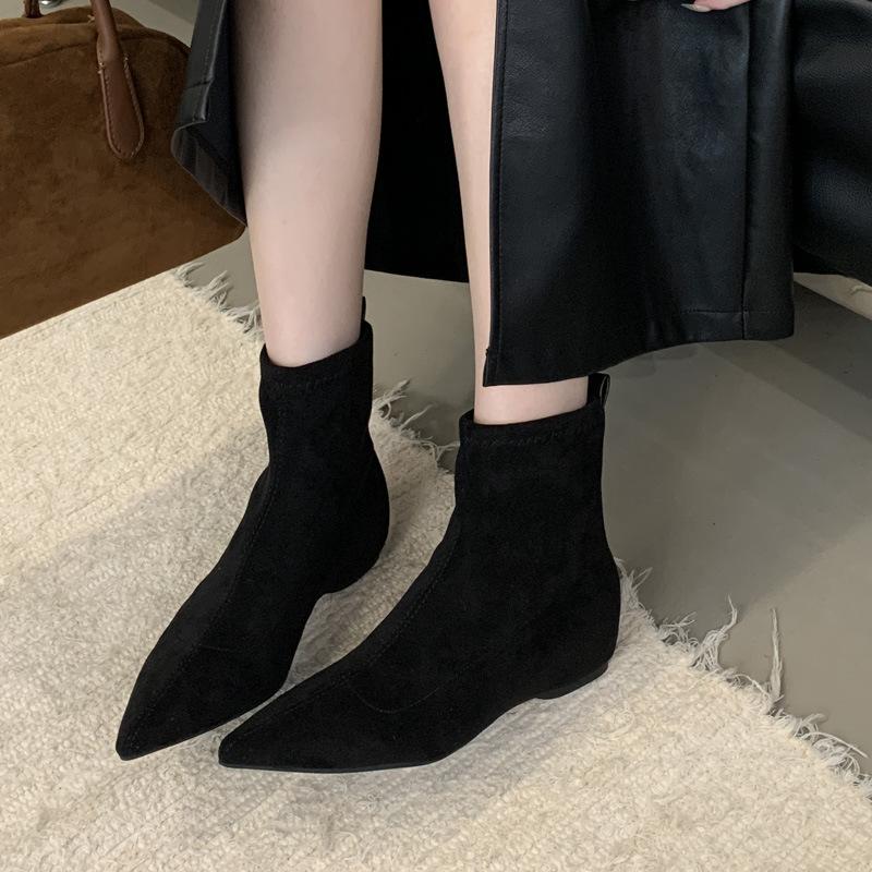 Pointed short boots Women's winter suede elastic inner height increase Pointed thin boots Small wedge heel boots Short boots