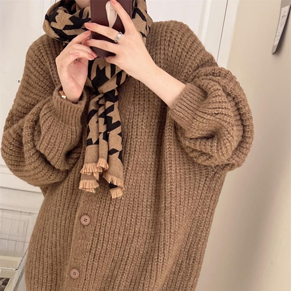 Koreański Sweter Płaszcz Grubo Szyty College Dekolt V Długi Rękaw Dzianinowy Kardigan Jednolity Kolor Codzienny Temperament Luźny Szal Okrycie Wierzchnie