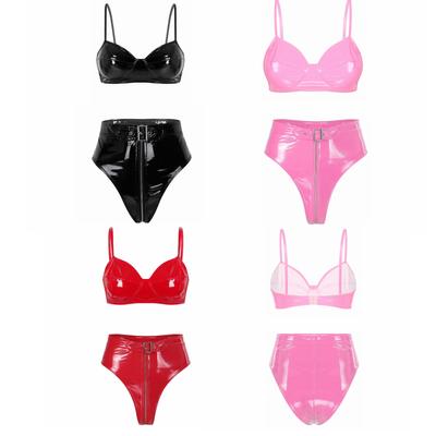 Womens Patent Leather Clubwear Underwear Swimsuit Set Wireless Bra Top with High Cut Front Zipper Briefs