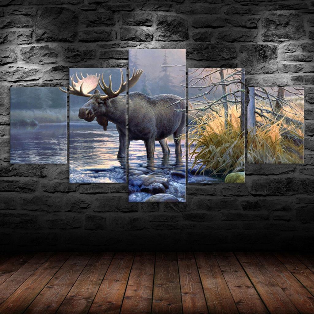 Big Moose Lake Forest 5 Piece Five Panel Wall Canvas Print Modern Art Poster Picture Home Decor Gift For Him For Her