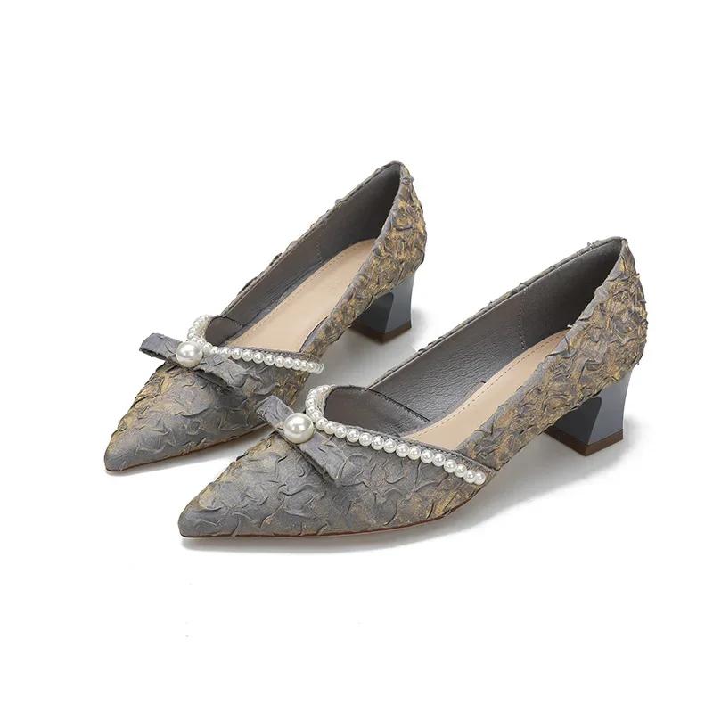 Fashion Single Shoes Women's Middle Heel Satin Pearl Bow Women's Shoes Spring 2025 New Light Mouth Pointed Thick Heel High Heels
