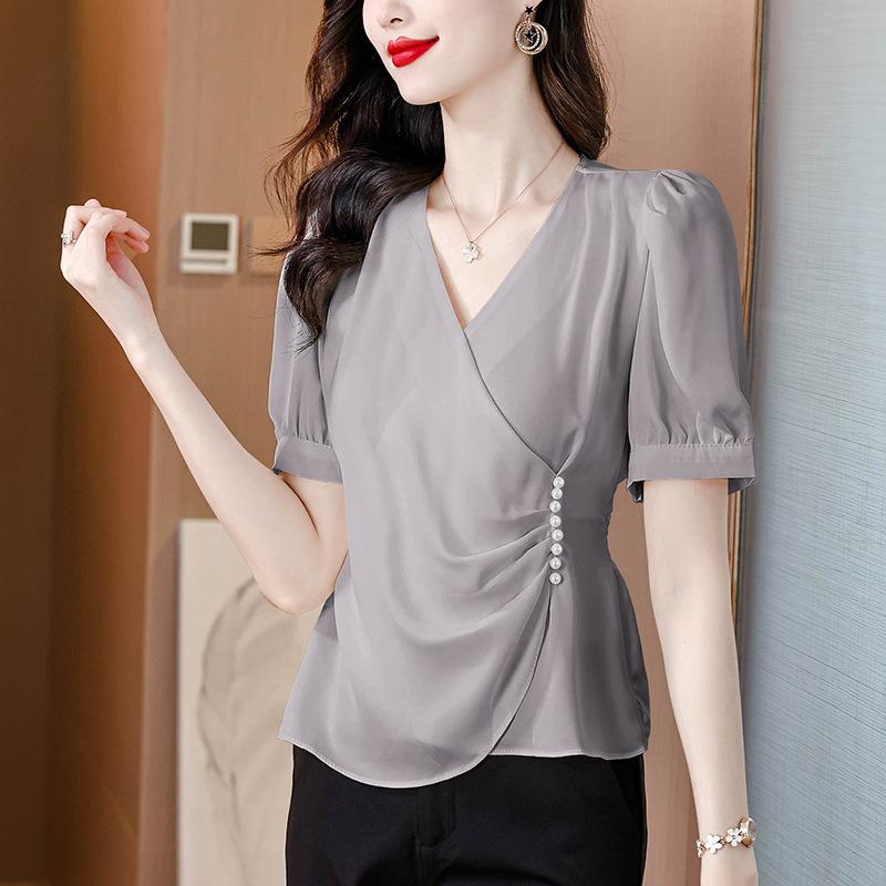 Nová letní korálková krátká halenka z šifonu s krátkým rukávem a výstřihem do V pro ženy