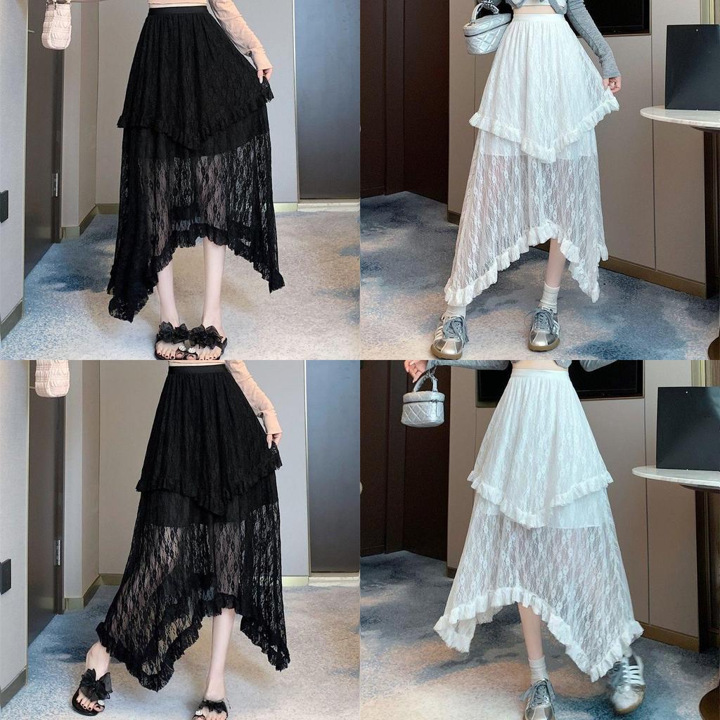 Elegant Lace Cake Skirt With High Waist And Ruffle Hem For Womens Spring Fashion