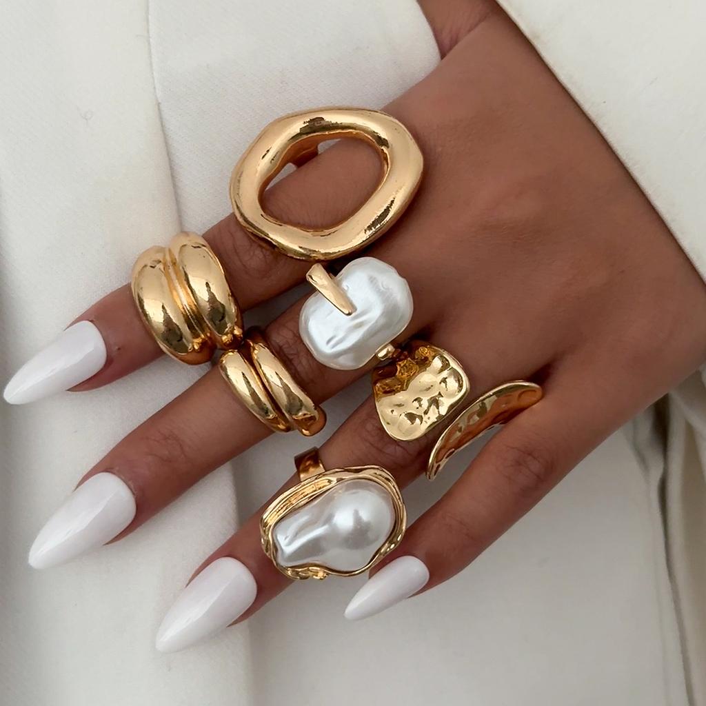 Ingemark 6Pcs/Set Boho Imitation Pearls Metal Ring Women Trendy Punk Irregular Geometry Hollow Wide Knuckle Ring Set New Jewelry
