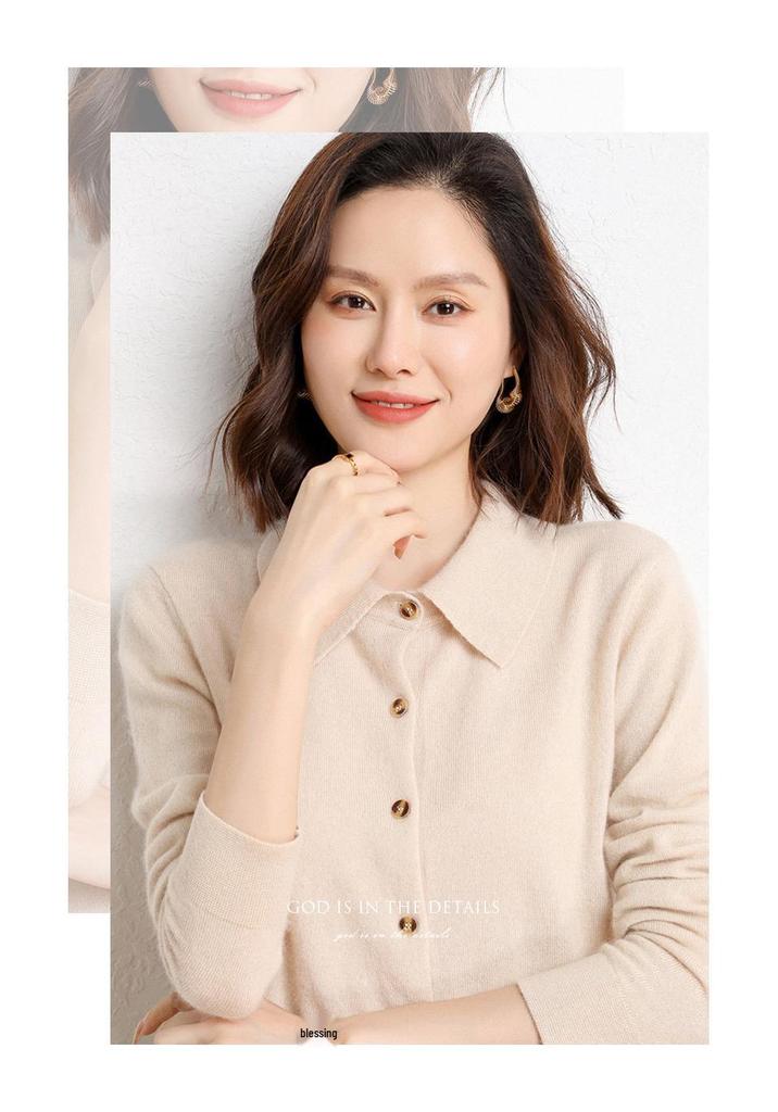 Women's Polo Collar Cashmere Cardigan - Elegant Lapel Sweater, Fashionable and Versatile Knit Top