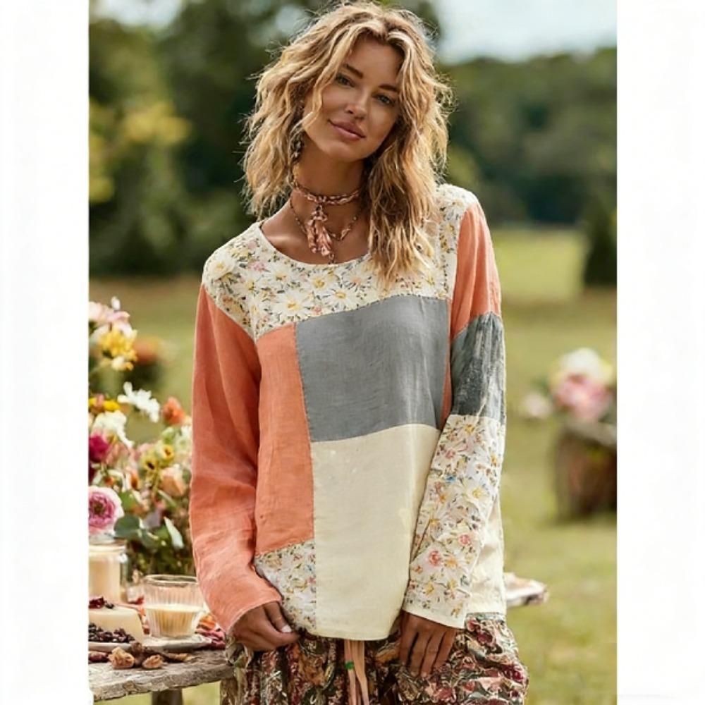 Mode Europe Amérique T-shirt Femme Pull Style Bohème T-shirt Manches Longues Femme Hauts Décontractés d'Extérieur