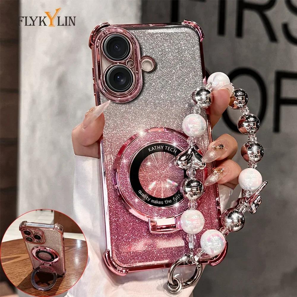 Shockproof Plating For Magsafe Bracket Bead Bracelet Case For Xiaomi Redmi Note 14 15 Pro Plus 15 15C 14C 14S 5G Glitter Cover