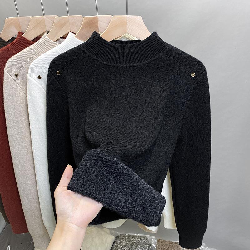 One-piece Fleece Semi-turtleneck Sweater Women's Fleece Thickened Bottoming Shirt Autumn and Winter New Knitted Sweater with Top Tide
