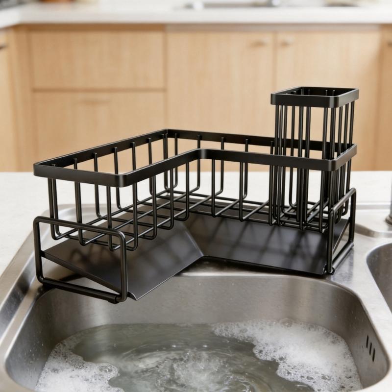 Carbon Steel Kitchen Sink Rack with Separate Storage Sections, a Water-Catching Bottom Tray and Freestanding Placement for Cleaning Supplies
