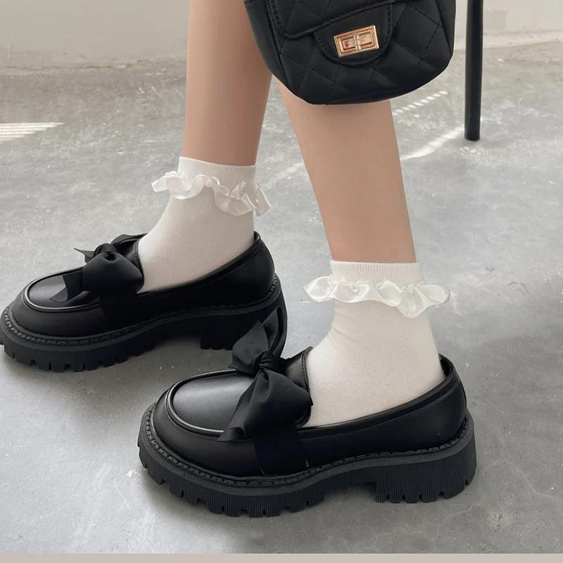 Fashion Retro Bow Knot Decor Loafers for Women New Style Round Toe Med Heel Pumps Woman Soft Bottom Thick Sole Pu Leather Shoes Mujer