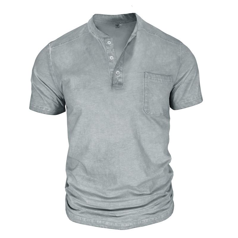 Men Black Washed Henley Neck Short Sleeve Chest Pocket Casual T Shirt