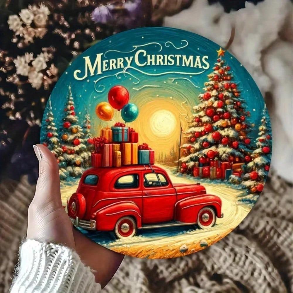 Vintage Christmas Metal Round Wall Sign Rustic Iron Holiday Decor Man Cave Garage Art Durable Weather Resistant