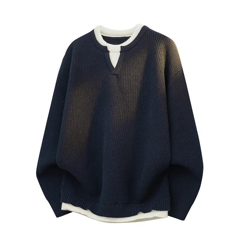 

Men s Retro Japanese Color Block Knit Sweater - Winter Lazy Style Loose Pullover M Темно-синій