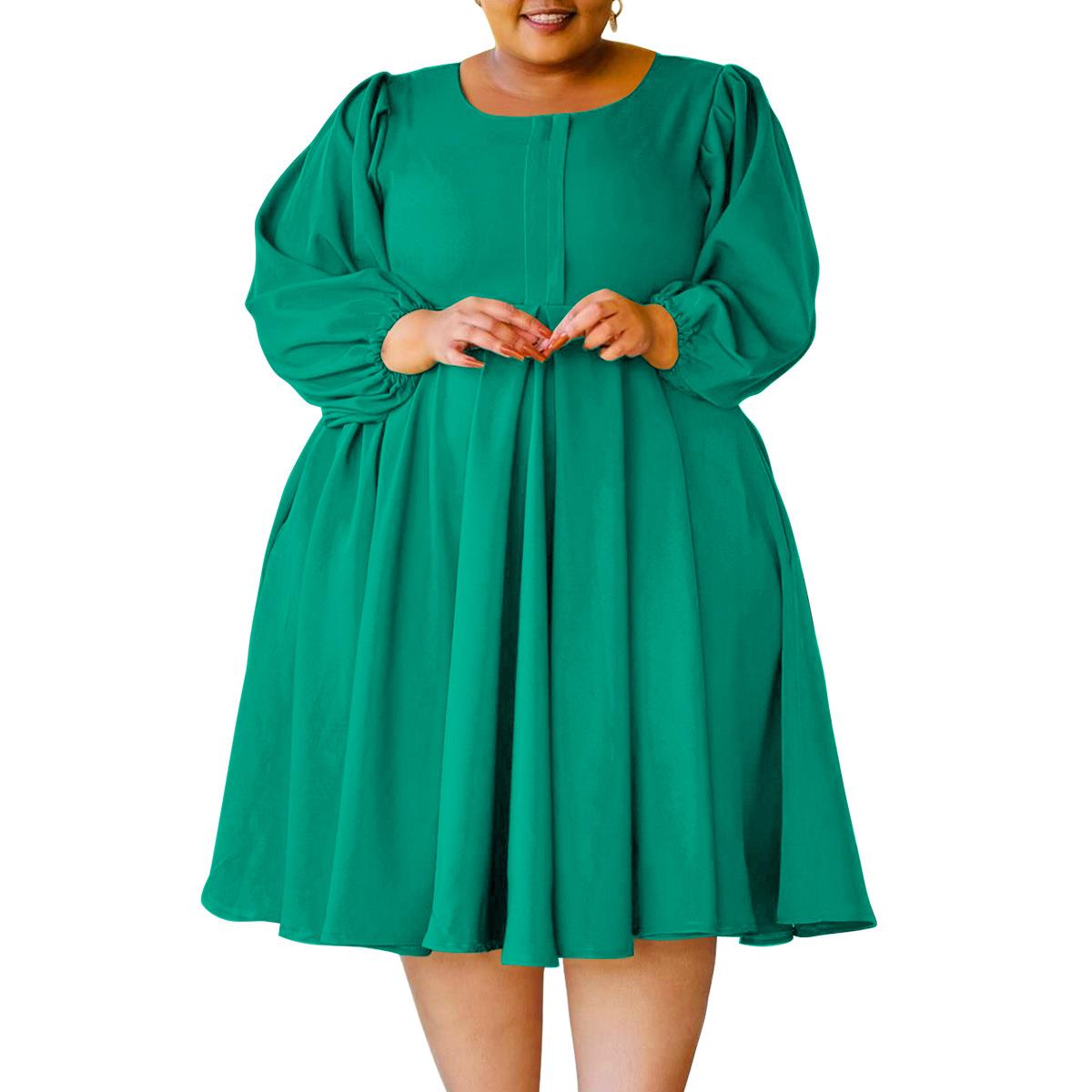 

Плюс Размер Женская мода Повседневная однотонная юбка с пышными рукавами Платье 1XL зелёный