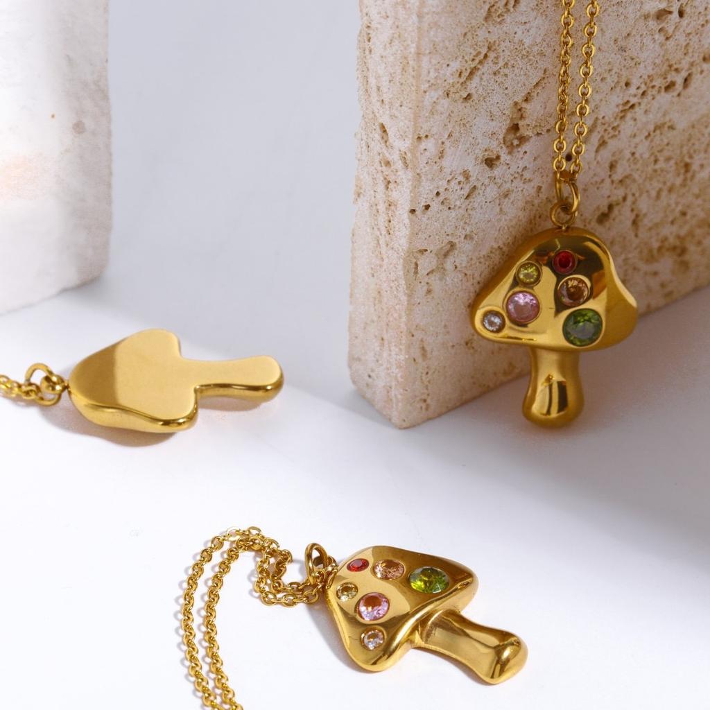 Stainless Steel Mushroom Necklace with Lucky Symbol Embedded In Zirconium Necklace, Gold-plated and Color Preserving