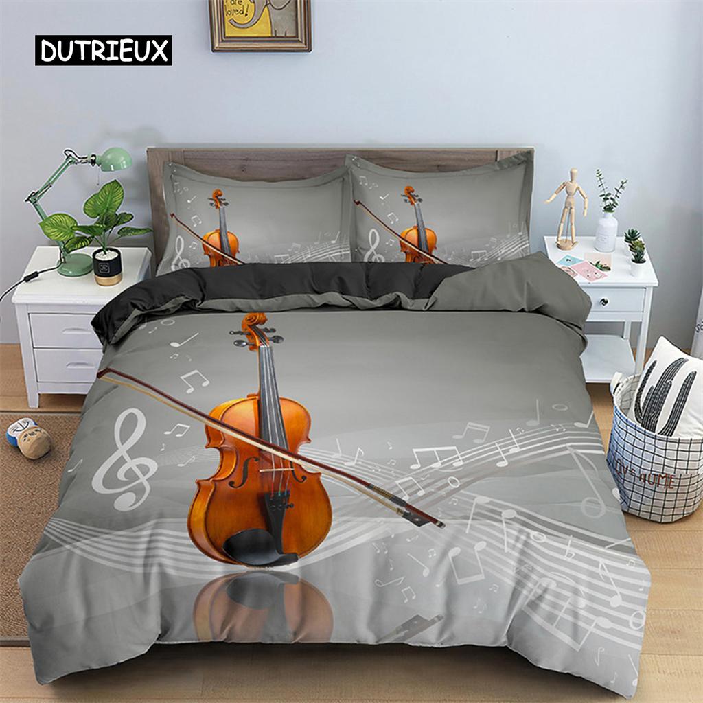 Musik Thema Bettbezug Mikrofaser Musiksymbole Bettdeckenbezug Geigen Klavier Muster Bettwäsche Set Twin King Single Queen Größe