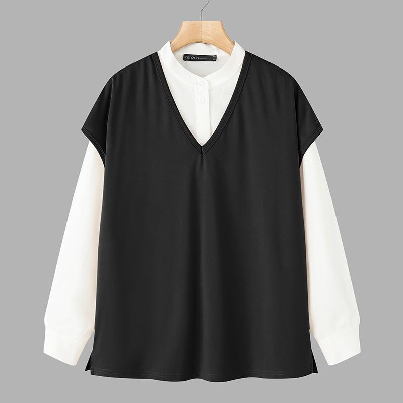 

ZANZEA Women Casual Patchwork Loose Long Sleeve Autumn Blouse 5XL чорний