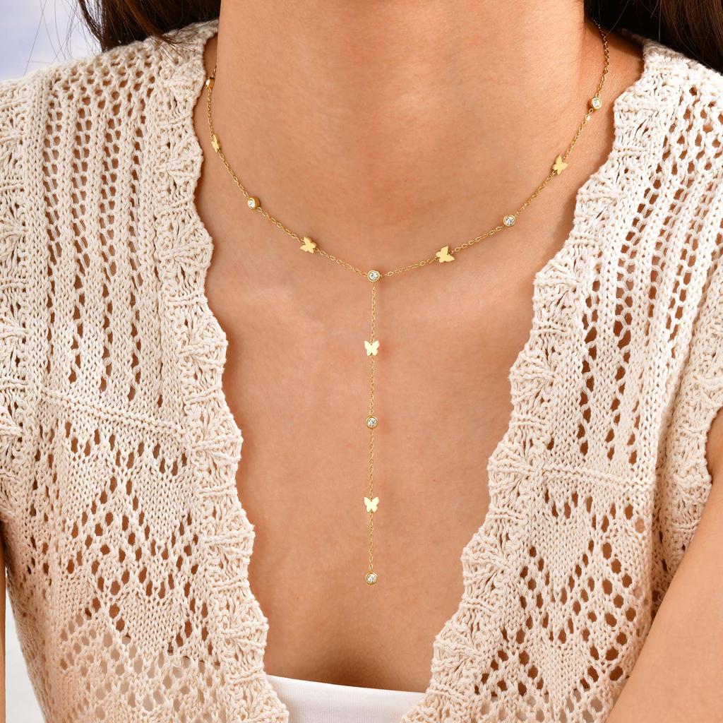 Classic Cross Zircon Y-shaped Necklace for Women,Butterfly Heart Shaped Choker Necklaces,Gold Color Stainless Steel Jewelry Gift