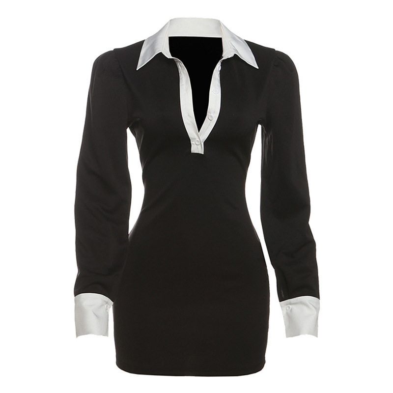 

European and American Style 2026 Autumn New Elegant and Stylish Commuter V-Neck Color-Blocked High-Waisted Slim-Fit Long-Sleeve Dress Black S