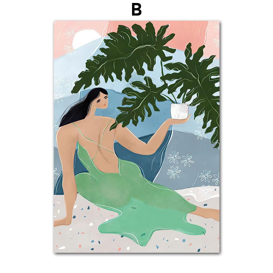 Abstract Boho Fashion Girl Posters Plant Leaves Fruit Flower Minimalist Wall Art Canvas Painting Wall Pictures Living Room Decor