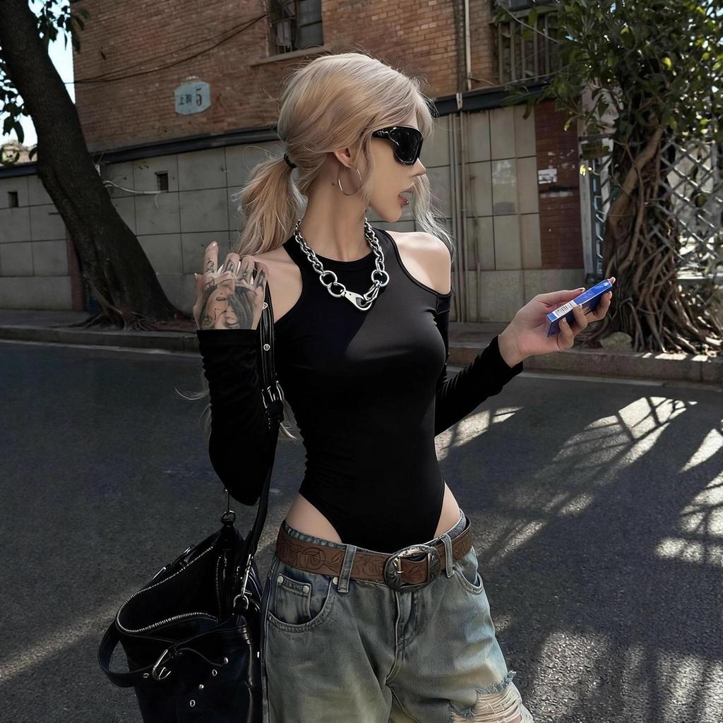 Spicy Off-Shoulder Halter Bodysuit Top - Women's 2025 Autumn Style Slim Fit