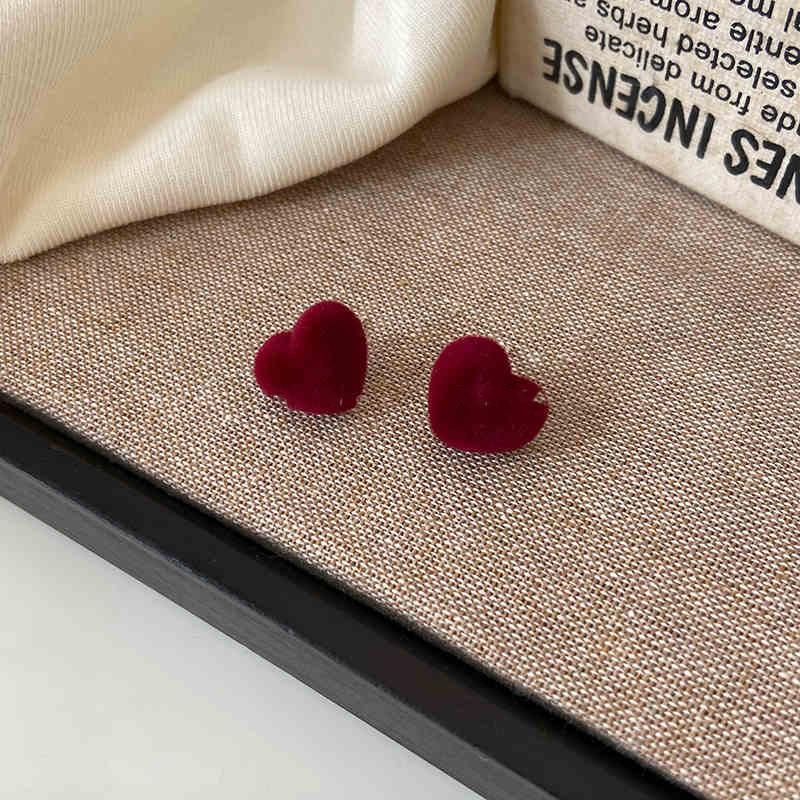 New Year's red flower flocking stud earrings women's niche earrings versatile earrings autumn and winter